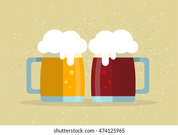 Two stylized beer mugs on a beige background. Flat design.