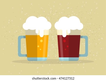 Two stylized beer mugs on a beige background. Flat design.