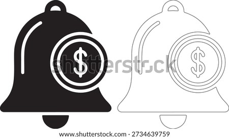 Two stylized bell icons, one solid black and one outlined, each featuring a dollar sign in the center, on a pure white background