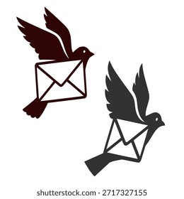 Duas silhuetas de aves estilizadas, uma marrom-escura e outra cinza-escura, voando e carregando envelopes em seus bicos, simbolizando a comunicação e a entrega de correspondência.