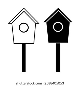 Two stylized birdhouse icons, one in black and one in white, against a white background.