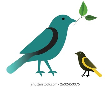 Two Stylized Birds with Foliage One Teal and One Yellow Standing on a White Background Representing Nature and Peace