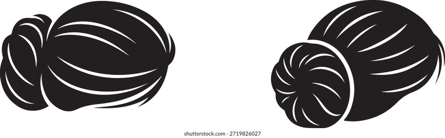 Two stylized black abstract shapes resembling coiled hair or shells with curved white lines form