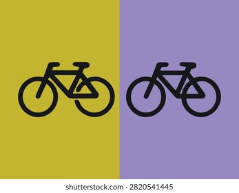 Two stylized black bicycle silhouettes are displayed against distinct yellow and purple color fields
