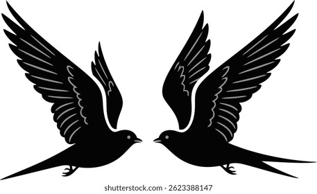 Two stylized black birds in flight, facing each other, creating a symmetrical design.