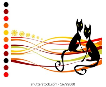 Two stylized black cats on a  striped background. Halloween illustration.