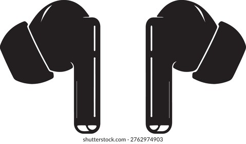 Two stylized black earbuds facing opposite directions with sleek design elements silhouette vector icon