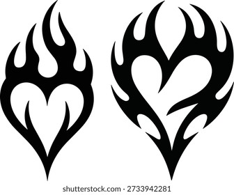 Dois desenhos de chamas em forma de coração preto estilizado com linhas curvas e pontas afiadas em um fundo branco simbolizam paixão e amor, tornando-os perfeitos para tatuagens e vários projetos gráficos, incorporando uma mistura única de arte e simbolismo em uma representação visual simples, mas ousada.