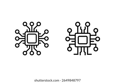 Dois ícones estilizados de linha preta de uma unidade central de processamento (CPU) com conexões radiantes, isolados em um fundo branco limpo. Representa tecnologia, computação e conectividade.