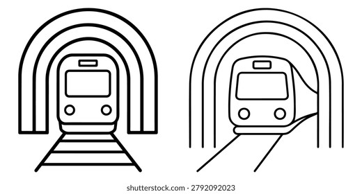 Two stylized black line trains entering tunnels on white background subway metro railway