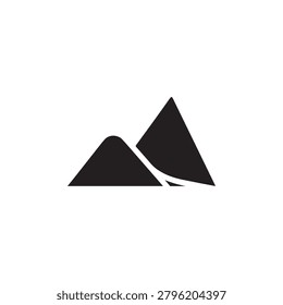 Two stylized black mountain shapes with smooth gradients and a curved white line dividing them, creating a dynamic contrast. The left shape is rounded and slightly lower, while the right is sharper an.