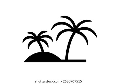 Duas palmeiras pretas estilizadas em uma pequena ilha curva com uma base plana, isolada em um fundo branco, ícone de praia tropical minimalista em silhueta.
