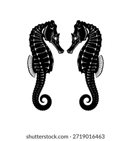 Two stylized black seahorses face each other on a plain white background, showcasing intricate details and a symmetrical composition.