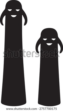 Two stylized black silhouette figures, one taller than the other, stand against a clean white background. They feature cartoonish, grinning monster faces with visible teeth, suggesting a playful or slightly spooky theme suitable for Halloween or creative concepts.
