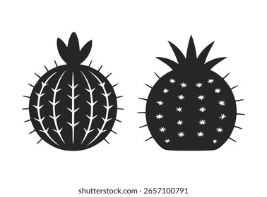 Dos siluetas negras estilizadas de un cactus y una piña, aisladas sobre un fondo blanco, creando un Diseño gráfico simple.