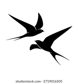 Two stylized black swallows are depicted in flight against a clean white background, showcasing their elegant forms and long, forked tails.