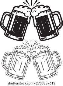 Zwei stilisierte Schwarz-Weiß-Bierbecher, die mit schaumigem Schaum auf Weiß zusammenklopfen
