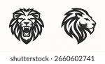 Two stylized black and white lion head logos, roaring and profil