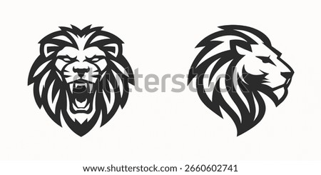 Two stylized black and white lion head logos, roaring and profil
