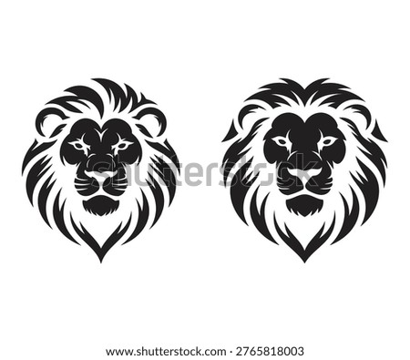 Two stylized black and white lion head designs are prominently displayed showcasing symmetrical artistry and regal animal imagery high-quality professional