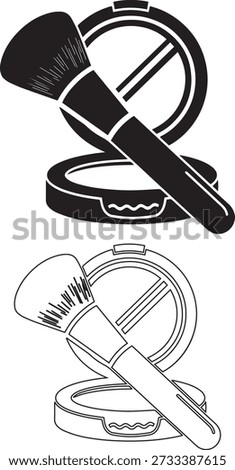 Two stylized black and white of a makeup powder compact with a brush on a white background
