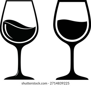 Two stylized black wine glasses with varying levels of dark liquid are presented as simple vector icons ideal for menus invitations or digital design projects needing a classic beverage symbol.