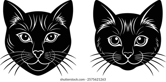 Two stylized black-and-white illustrations of cat faces. The left cat has a wider, more playful expression, while the right cat appears more serious and calm. silhouette design