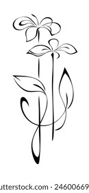 two stylized blossoming flowers on stems with leaves, graphic decor