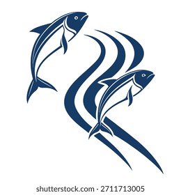 Dos peces azules estilizados nadando a través de las ondas de agua abstractas en el Vector blanco