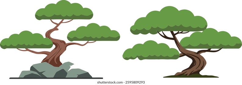 Two stylized bonsai trees, one elegantly perched on rocks and the other with vibrant green leaves, symbolize tranquility and balance in nature.