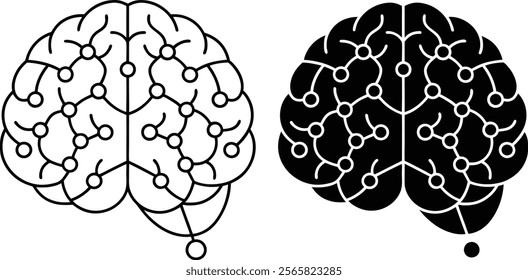 Two stylized brain illustrations one line art, one filled. Both depict interconnected nodes, symbolizing neural pathways and cognitive processes.