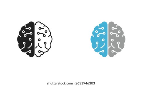 Two stylized brain illustrations, one in black and white, the other in blue and gray, both featuring circuit-like patterns.