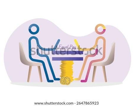 Two stylized business people are working with laptops at a table supported by a stack of coins, symbolizing equal pay and gender equality in the workplace
