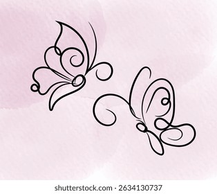 Two stylized butterflies in black outline on a light pink watercolor background.