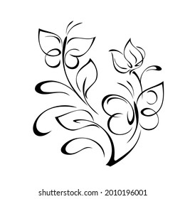 two stylized butterflies on a branch with a flower bud with leaves and curls