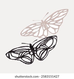 Two stylized butterfly illustrations, one in black and one in beige, with intricate wing patterns. The butterflies are depicted in a minimalist style. Vintage animal illustration vector.