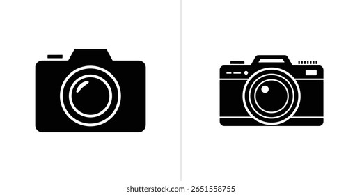 Two stylized camera icons are displayed side by side, one with rounded features, the other with a more detailed design, both in solid black against a white backdrop.