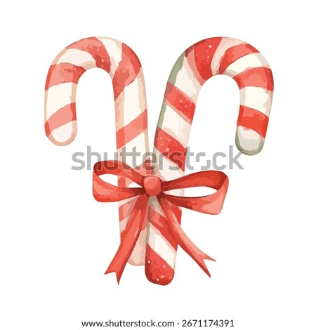 Two stylized candy canes, painted in watercolor, with red and white stripes, tied with a red ribbon. The image is focused on the candies, with a soft, festive feel.