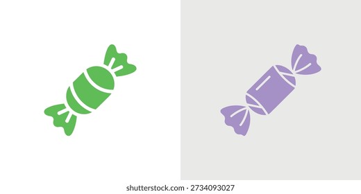 Two stylized candy illustrations in vibrant green and purple, showcasing wrapped confectionery treats.