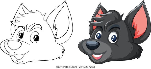 Two stylized cartoon dog faces, one colored, one outlined.