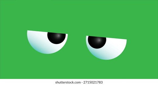 Two stylized cartoon eyes with large black pupils are depicted looking downwards and slightly to the sides against a vibrant, solid green background, creating a minimalist character expression.
