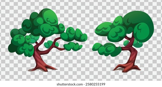 Two stylized cartoon trees with vibrant green foliage and twisted reddish-brown trunks, perfect for whimsical, nature, or children's-themed designs.