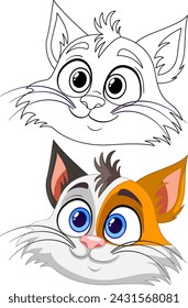 Two stylized cat faces, one colored, one line art.