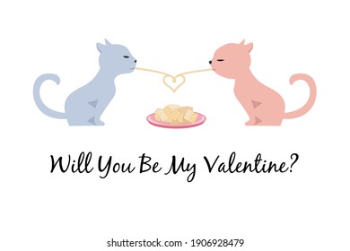 Two stylized cats eating spaghetti. Cats in love illustration. Valentine's day greeting card. 