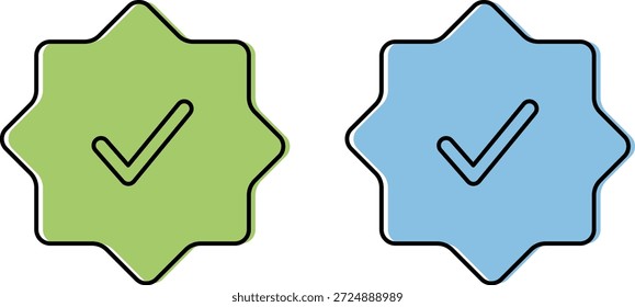 Duas marcas de seleção estilizadas em símbolo de formas starburst verde e azul