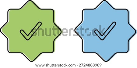 Two stylized checkmarks in green and blue starburst shapes symbol
