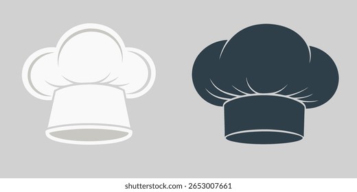 Two stylized chef hats, one white and one dark blue, are presented side-by-side against a neutral gray background. This graphic represents culinary arts and professional cooking.