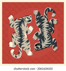 Two stylized Chinese tigers like Yin and Yang on red scales background. Oriental traditional card design in retro style. Vector hand-drawn illustration.