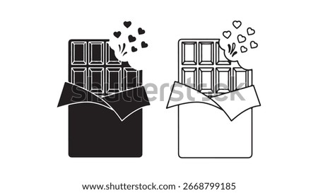 Two stylized chocolate bars, one solid black and one outline, partially unwrapped and bitten, with hearts floating above, symbolizing love or enjoyment.