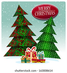 two stylized christmas trees with gifts